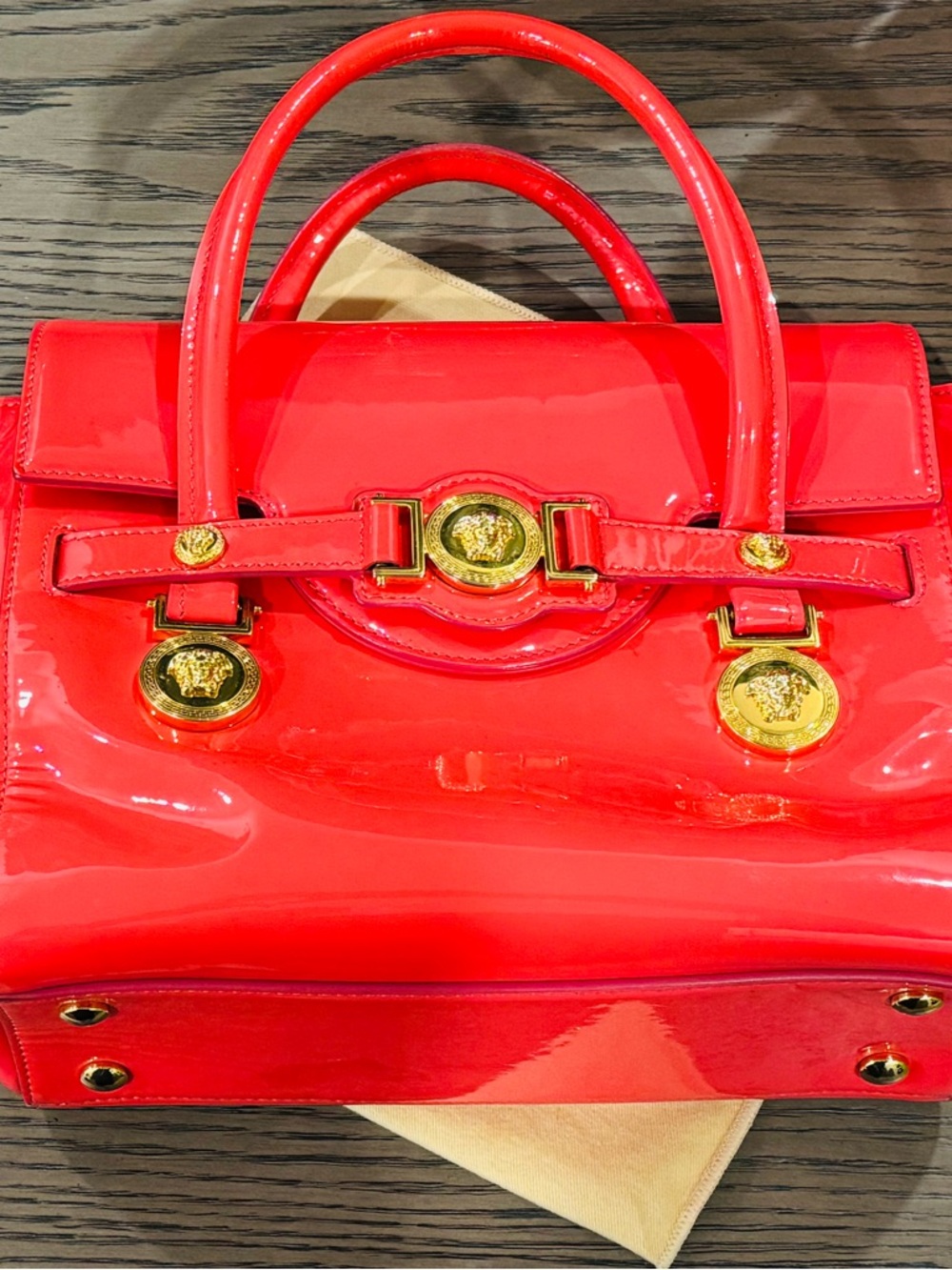 Versace Red Patent Satchel with Gold Medallion Hardware